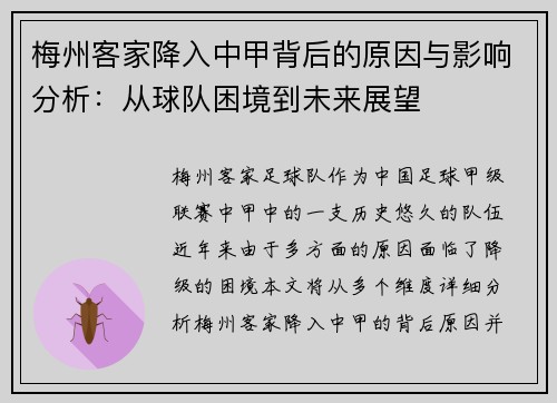 梅州客家降入中甲背后的原因与影响分析:从球队困境到未来展望 梅州客家降入中甲背后的原因与影响分析:从球队困境到未来展望